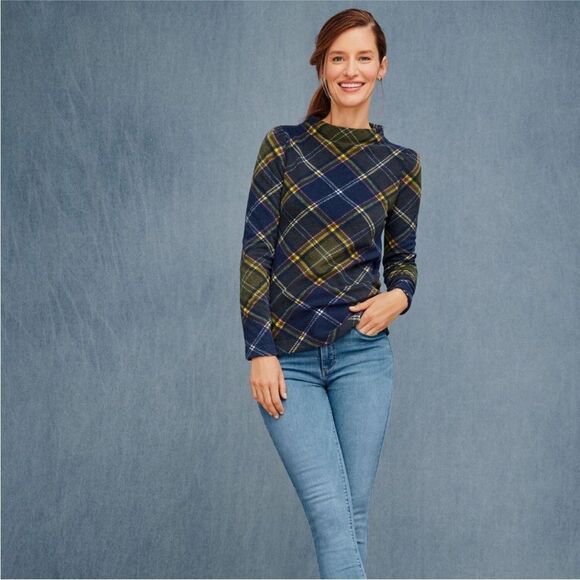 TALBOTS | Fleece Plaid Funnel Neck Sweater Top Green Blue Pink Women’s Size MP - Picture 1 of 10